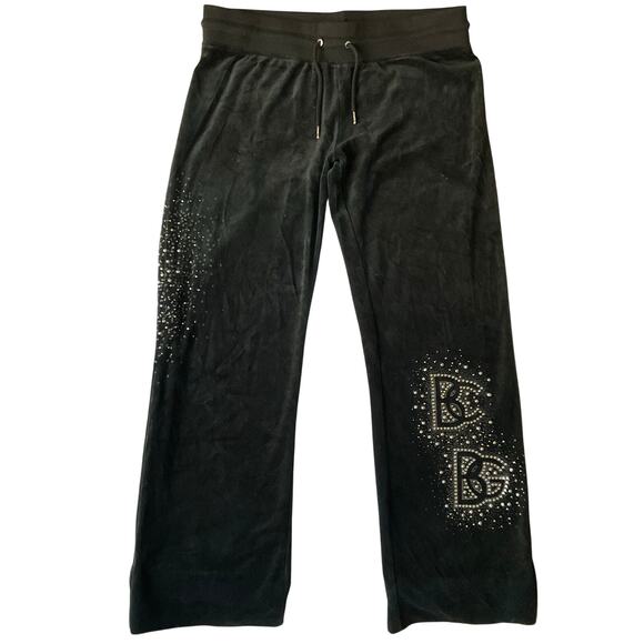 BCBGMAXAZRIA Women Velvet Pants size L Black Slightly Flared Rhinestones Trendy - Picture 1 of 13